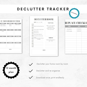 Op de afbeelding: Een printbare opruimtracker met drie checklists: een 12-maanden opruimplan, een checklist voor het opruimen van een kamer en een vervangingschecklist. De checklists zijn zwart-wit met grijze vakjes om in te schrijven.