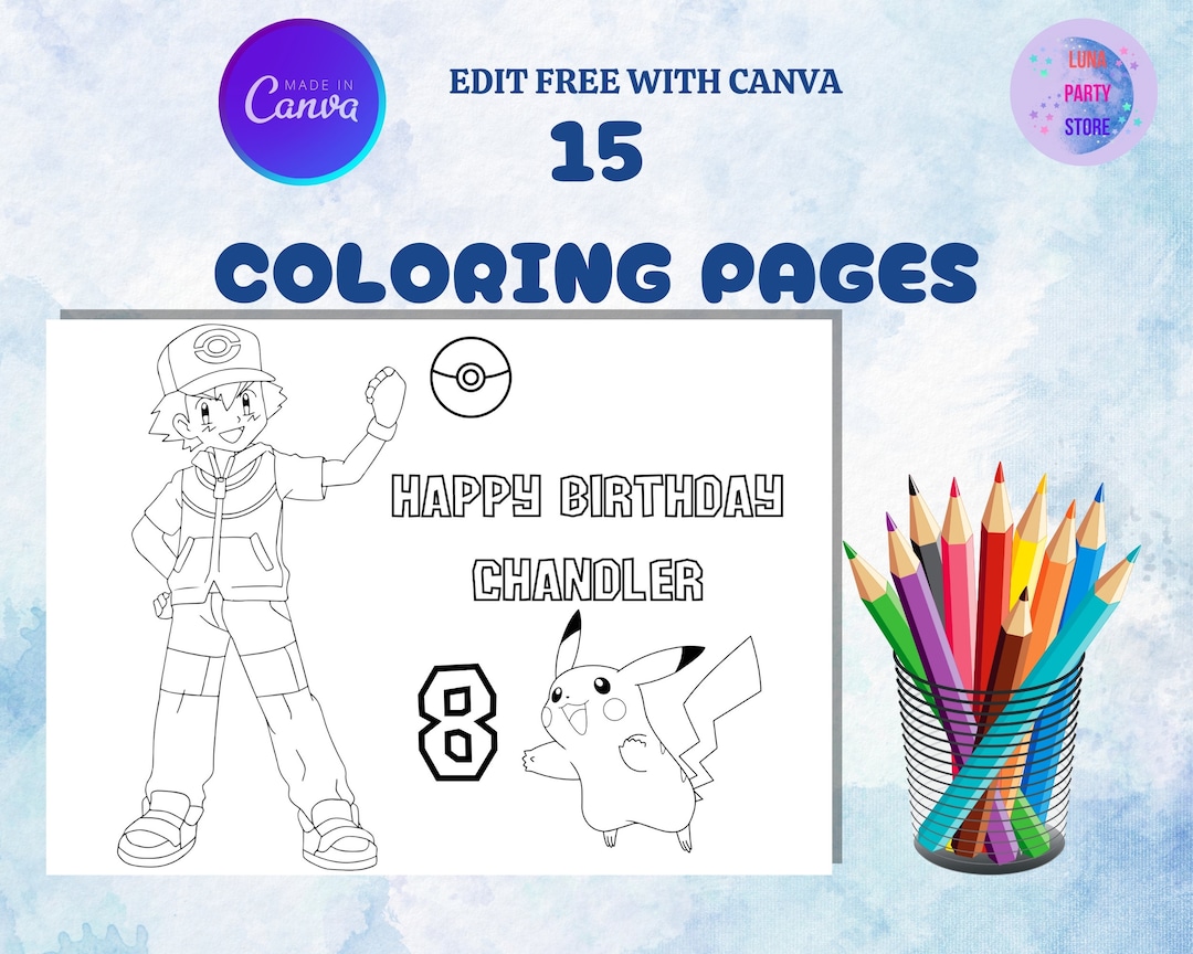 Editable Kids Birthday Coloring Pages Set,pokemon Party,party Favors ...