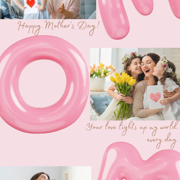 Personalized Mother's Day Greeting Card with Photo Collage 'MOM' Pink Pastel Design - Customizable Love Message for Mom - Heartfelt Keepsake