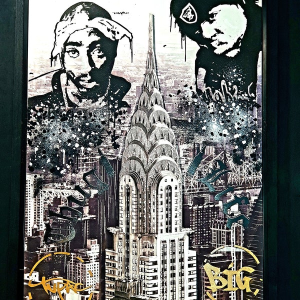 Peinture acrylique 2pac et notorius faite sur toile imprimé en relief œuvre original signé