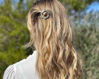 Léopoldine Haarspange mit Blumenmuster aus Celluloseacetat, kreisförmige Haarspange mit Blumenmuster, kleine französische Haarspange für feines, dünnes Haar