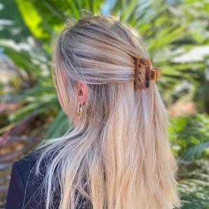 Peut inclure: Une femme blonde porte une pince à cheveux en écaille de tortue marron. La pince maintient les cheveux en place. Elle porte des boucles d'oreilles dorées et un blazer noir. Des feuilles vertes sont en arrière-plan.