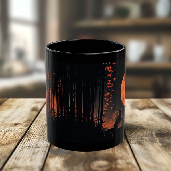 Zen Kitune and Bamboo Full Moon Ceramic Mug for Tea and Coffee Lovers Japanese Aesthetics Unique and ideal as a gift Japanese Art Handmade