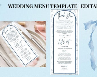 Coastal Toile Wedding Menu Template with Thank You (Editable Canva Download