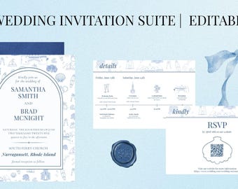 Coastal Toile Wedding Invitation Suite: Editable Canva Template (Digital Download
