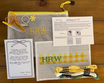 Personalized Needlepoint Keychain Self-Finishing Kit - Beginner Needlepoint Canvas 13 Mesh - ALL supplies Included