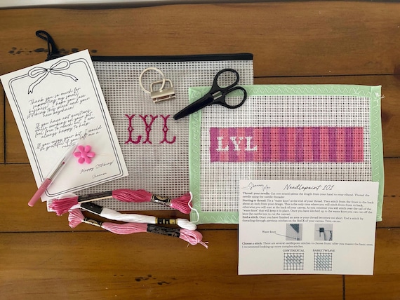 Personalized Needlepoint Keychain Kit - Beginner Needlepoint Canvas 13 Mesh - ALL supplies Included