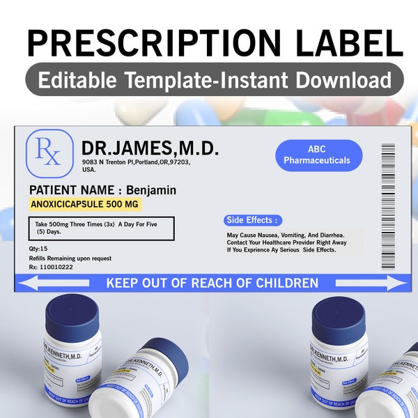 Prescription Label Template, Editable Medicine Label, Pill Bottle Label, Prescription Bottle Label, Adobe illustrator Editable file