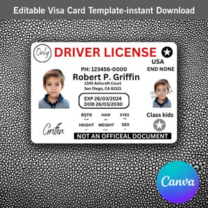 Editable Little Driver's License  Personalized Kids Novelty ID Fun Children's Driver Card Customizable with Canva