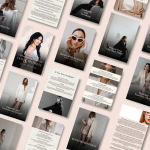 May include: A collection of digital marketing tips for Etsy sellers, including branding, shop optimization, keyword research, and social media marketing. The tips are presented in a visually appealing format with images of women in stylish clothing.