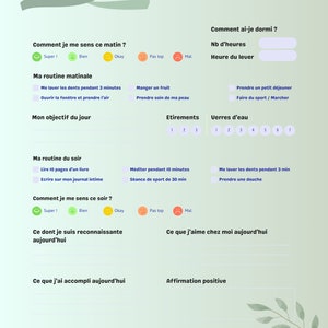 Peut inclure: Un tableau de suivi de l'humeur imprimable vert et blanc avec les mots français "Mon humeur du jour" en haut. Le tableau comprend des sections pour l'humeur quotidienne, le sommeil, la routine, les objectifs et la gratitude.