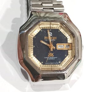 Vintage Men&#39;s Unique Octagonal Ricoh Automatic Watch Day-Date 21J Navy Blue Dial  Japan Made