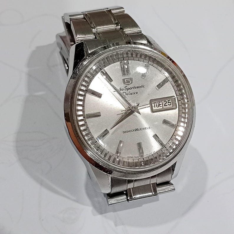 Reloj vintage de regalo para hombre Seiko Sportsmatic Deluxe 7619 Reloj automático 25 joyas Fondo de caja Dolphin imagen 2