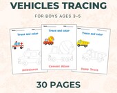 Vehicles Tracing Workbook for Kids Ages 3-5 | Trace & Color Cars Trucks Planes | Preschool Learning | Printable PDF