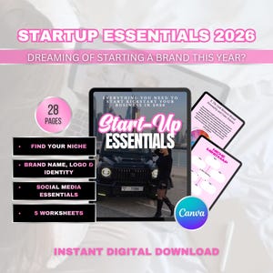 Pode incluir: Download digital intitulado "Startup Essentials 2026" com um design rosa e branco. A imagem inclui um tablet exibindo o título, um SUV preto e páginas adicionais com conteúdo relacionado a negócios. O download inclui 28 páginas e 5 planilhas.