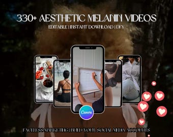 May include: An image featuring five smartphones displaying aesthetic videos. The text reads "330+ AESTHETIC MELANIN VIDEOS" and "EDITABLE | INSTANT DOWNLOAD | DFY". The Canva logo is visible, along with the text "FACELESS MARKETING | BUILD YOUR SOCIAL MEDIA ACCOUNTS".