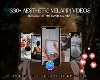 May include: An image featuring five smartphones displaying aesthetic videos. The text reads "330+ AESTHETIC MELANIN VIDEOS" and "EDITABLE | INSTANT DOWNLOAD | DFY". The Canva logo is visible, along with the text "FACELESS MARKETING | BUILD YOUR SOCIAL MEDIA ACCOUNTS".