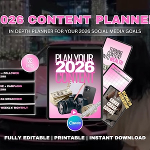 May include: A pink digital planner titled "2026 Content Planner" with the text "Plan Your 2026 Content." The planner includes trackers for goals, expenses, and hashtags. It also includes a Canva crash course bonus. The planner is fully editable, printable, and available for instant download.