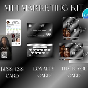 Puede incluir: Un kit de marketing negro y plateado con el texto "MINI MARKETING KIT". El kit incluye una tarjeta de visita, una tarjeta de fidelidad y una tarjeta de agradecimiento. La tarjeta de visita presenta un código QR y una foto de una mujer.