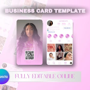 Op de afbeelding: Een roze visitekaartjessjabloon met een foto van een vrouw en een QR-code. De kaart is gelabeld "Jcy Beauty Make Up Artist". Er wordt ook een Instagram-profielmockup getoond, met de handle @Jcybeauty. De tekst "Business Card Template" en "Fully Editable Online" zijn ook zichtbaar.