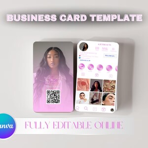 May include: A business card template with a gradient pink background. The card features a photo of a woman with long hair, a QR code, and the text "Jey Beauty". A phone screen displays an Instagram profile. The text "Business Card Template" and "Fully Editable Online" are also visible.