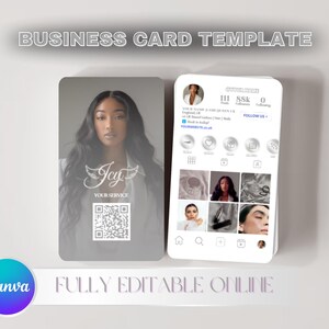 May include: A business card template featuring a woman with long, dark hair. The card includes the text "Joy" and "YOUR SERVICE", along with a QR code. A smartphone displays a social media profile. The Canva logo and "FULLY EDITABLE ONLINE" are also visible.