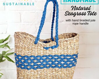 Handmade Natural Seagrass and Jute French Market Bag in Natural Seagrass and Blue Jute Rope – Beach Bag, Picnic Bag