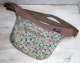 Bolso riñonera de lino y tela japonesa con estampado floral rosa, beige y oro, riñonera de cadera o pecho