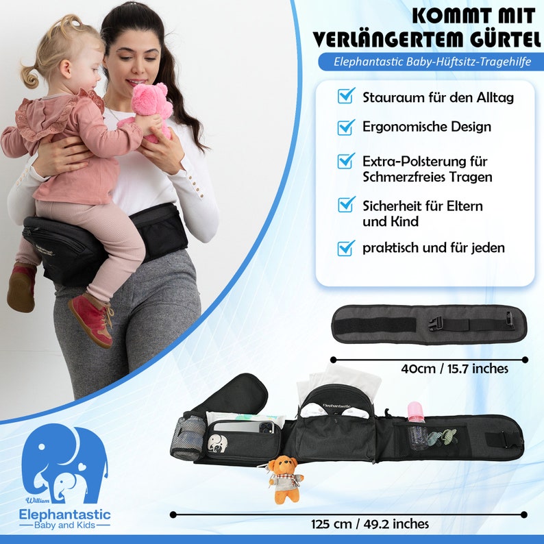Elephantastic Baby Hüftsitz Tragehilfe 125cm 40cm Verlängerung Ergonomischer Hüftgurt für Neugeborene & Kleinkinder, Tragetuchgurt Bild 2
