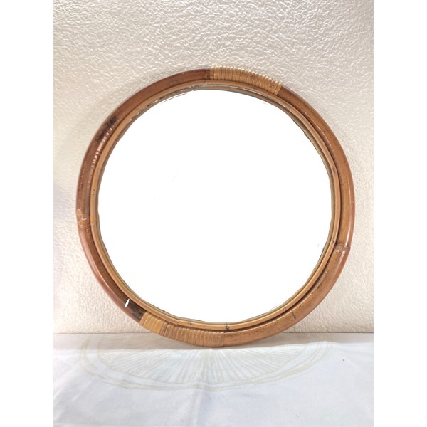 Véritable Miroir rond en bambou vintage