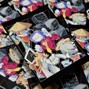 May include: A selection of stickers depicting cartoon characters with television screen heads, dressed in suits and hats. The stickers have a black border and are arranged on a black surface. The characters display different expressions and poses.