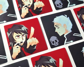 May include: A collection of square stickers featuring anime-style illustrations. Some stickers show a character with dark hair pointing a finger on a red background, while others depict a character with white hair and a skull icon on a black background.