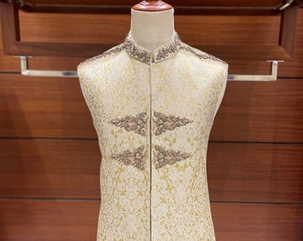 Golden Jamawar Waistcoat for men.