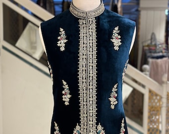 Dark Teal Blue Jacket for men, Nehru jacket, Pakistani men wedding waistcoat, Embroidered waistcoat, Vest