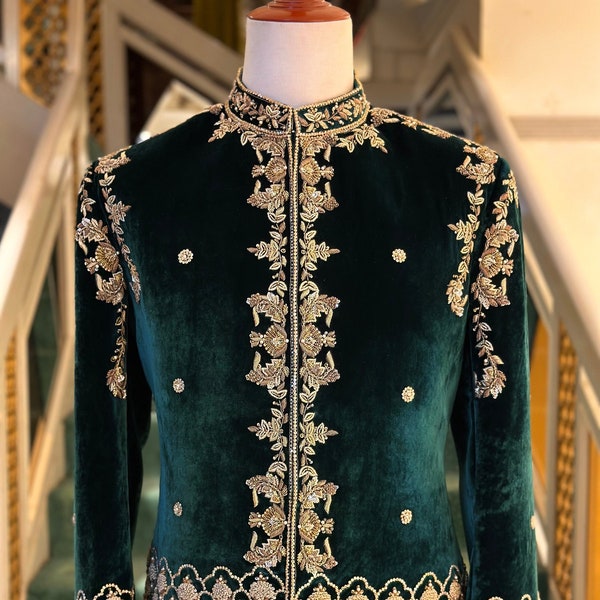 Teal Green Velvet Prince coat for men, designer jacket, handmade prince coat for groom, Pakistani prince coat for men.