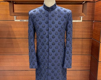 Supreme Navy Blue Sherwani for men, Handmade sherwani for men, Indian grooms sherwani, nehru jacket, Pakistani wedding attire for men.