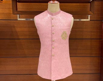 Exquisite Pink Waistcoat for men, Handmade waistcoat for groom, Mehendi waistcoat for men, Indian nehru jacket, Pakistani waistcoat.