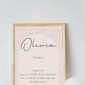 Personalisierte Name und Bedeutung Poster mit Bibel Vers - druckbare Wandkunst - individuelles Kinderzimmer Dekor digitaler Download - Geschenk für Babyparty