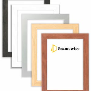 May include: Four picture frames in different colours and sizes. The frames are black, white, silver, and wood. The largest frame is wood and has the text "Framewise" in yellow.