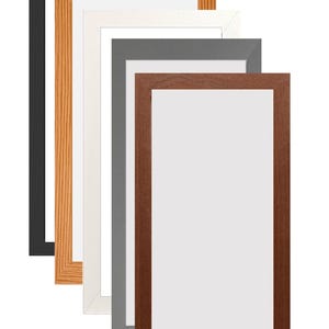 May include: Five picture frames in different colours and styles. The frames are arranged in a row, with the largest frame at the bottom and the smallest frame at the top. The frames are made of wood and have a variety of finishes, including black, brown, white, and grey.