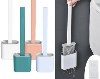 Toilet Brush | Bathroom Silicone Toilet Brush and Holder | Soft Flexible Bristles | Base for brush - White Green Pink Blue