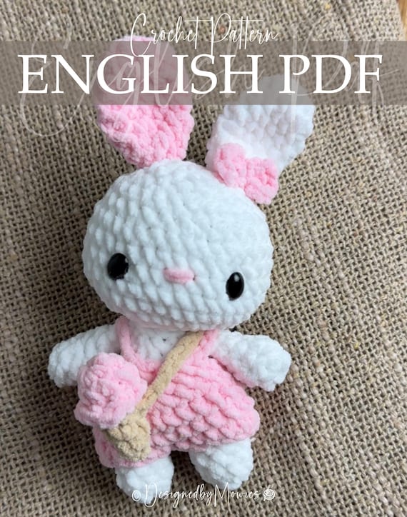 Kawaii Bunny Shoulder Bag Crochet Pattern – Cute Crossbody Plush Bag with Removable Dress & Pants – Pastel Pink and White Bunny PDF Tutorial