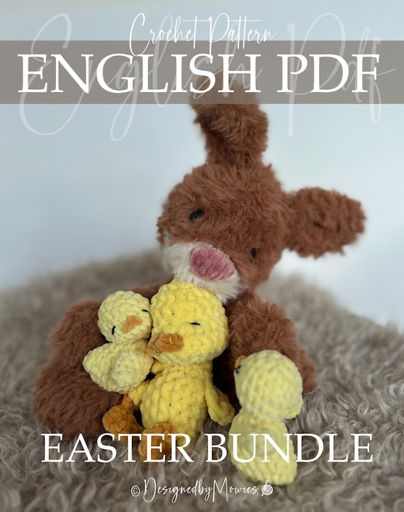 Easter Crochet Pattern Bundle • Bunny, Chicks & Duckling • Plush Chenille Amigurumi • Easter Bunny and Chick in Egg • 3 PDF Patterns