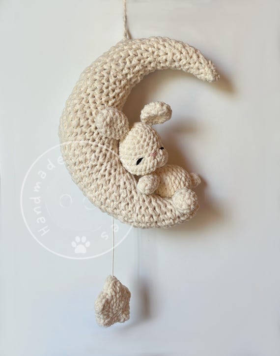 Charmed Baby Mobile, Moon, Star, cute, music box, amigurumi pattern, Crochet, soft Bunny, Nursery room, plush animal, baby gift, decoration