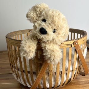 May include: A plush, beige teddy bear with a black nose and eyes sits in a round, light brown basket. The basket has a wooden handle and is lined with white, fluffy material. The bear's fur is soft and textured.