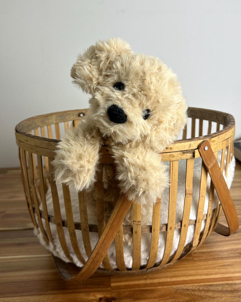May include: A plush, beige teddy bear with a black nose and eyes sits in a round, light brown basket. The basket has a wooden handle and is lined with white, fluffy material. The bear's fur is soft and textured.