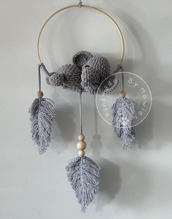 Boho macramé, Charmed Baby Dreamcatcher, cute, amigurumi pattern, Crochet, soft Elephant, Nursery room, plush animal, baby gift, decoration