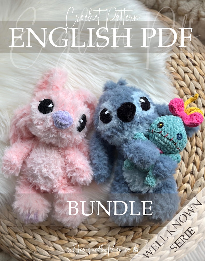 May include: A crochet pattern bundle in English PDF format featuring two plush toys. One is a fuzzy pink creature with large black eyes and a purple nose. The other is a fuzzy blue creature holding a small teal doll with a bright pink bow.