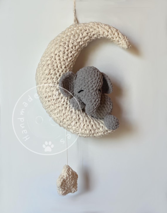 Charmed Baby Mobile, Moon, Star, cute, music box, amigurumi pattern, Crochet, Elephant, Nursery room, plush animal, baby gift, decoration