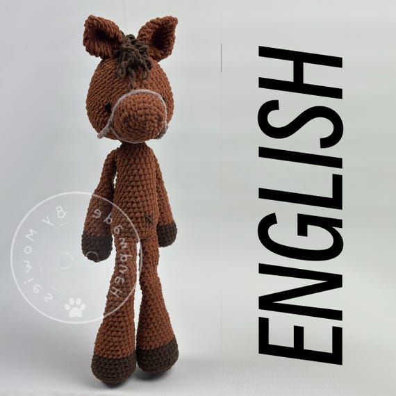 Happy Horse, English, PDF, pattern, cute horse, crochet pattern horse, amigurumi foal, cute farm animal, crocheted stuffed animal.